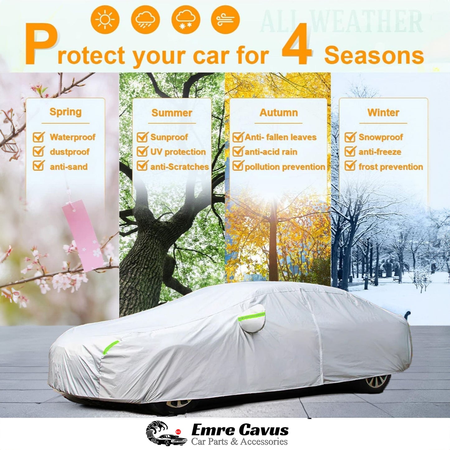 EC Waterproof Car Cover for Automobiles, All Weather Snowproof Windproof Rain Sun UV Protection, Outdoor Full Cover with Zipper, Size A2 3XL Universal Fit for Sedan (186-193 inch)
